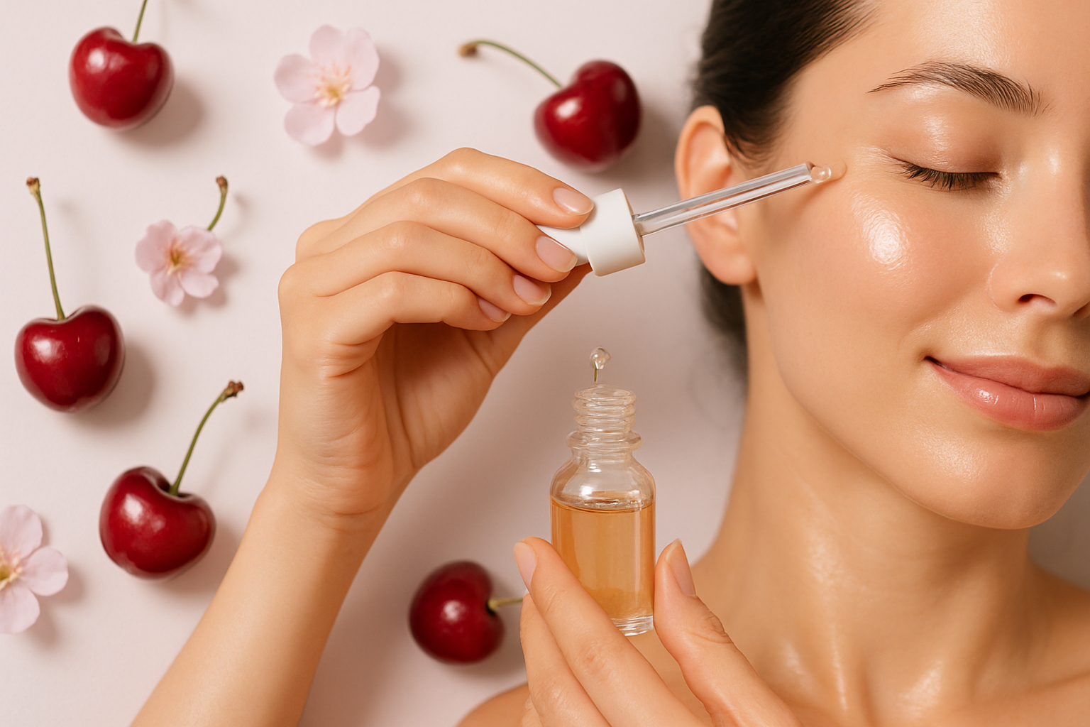 una imagen de fondo con cherrys que sea de skincare una persona colocandose un serum